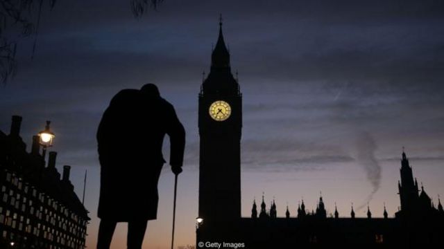 Perfil de la estatua de Winston Churchill frente al Parlamento británico