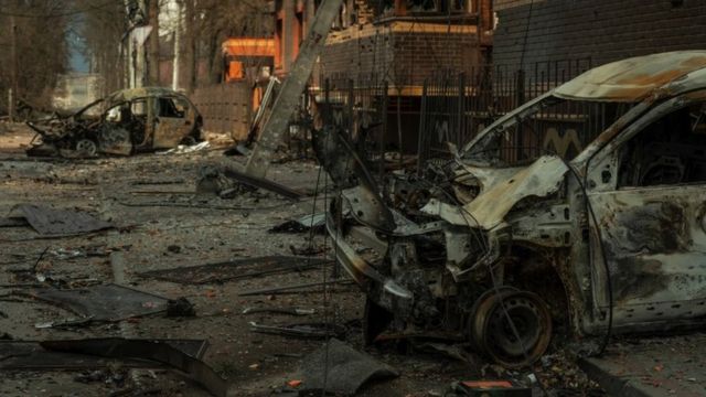 A residential area damaged by heavy shelling, as Russia`s attack on Ukraine continues, in the town of Irpin, in Kyiv region Ukraine March 29, 2022