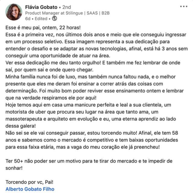 Mensagem publicada por Flavia Gobato, filha de Alberto, na qual relata a busca dele por emprego aos 58