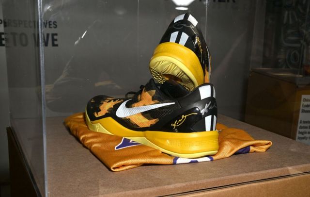 Basketball Shoes Signed By Kobe Bryant On Display In Los Angeles, California On July 28, 2022.