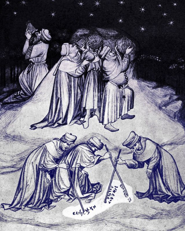 Filósofos observando las estrellas y escribiendo en el polvo del Monte Athos. Iluminación de una edición del siglo XV de 'Los viajes de Sir John Mandeville', publicado en 1357-1371.