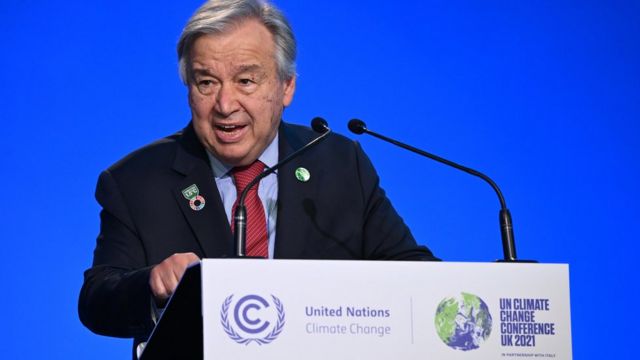 António Guterres, Secretary-General of the United Nations, speaks during the Global Climate Action High-level event: Racing For A Better World on November 11, 2021 in Glasgow, Scotland