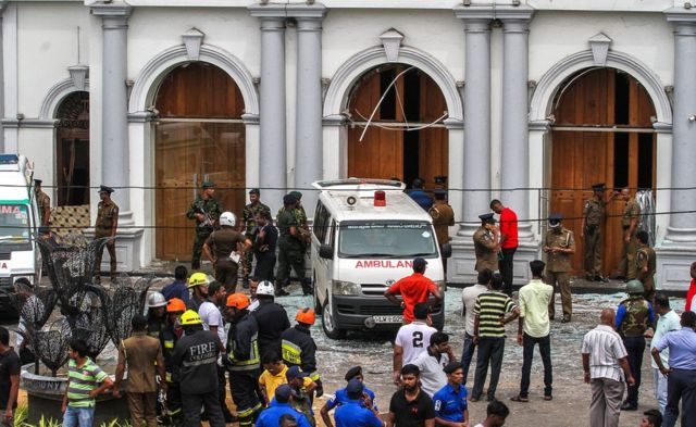 Sri Lankan security forces secure the area around St. Anthony's Shrine after an explosion hit St Anthony's Church in Kochchikade