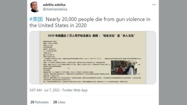 Tuite dizendo "Quase 20 mil pessoas morrem de violência armada nos Estados Unidos em 2020"