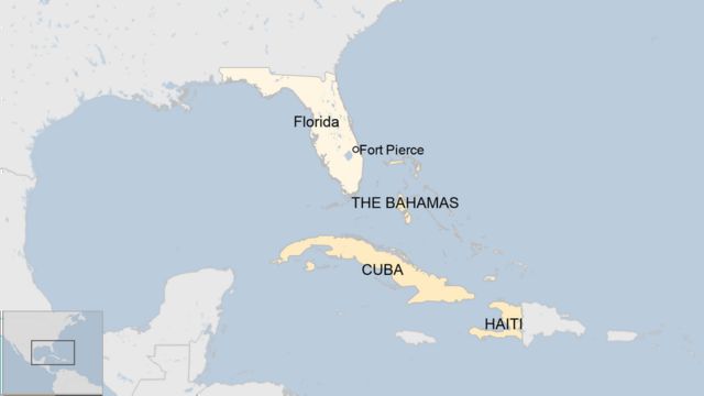 Map showing Fort Pierce, The Bahamas, Haiti and Cuba