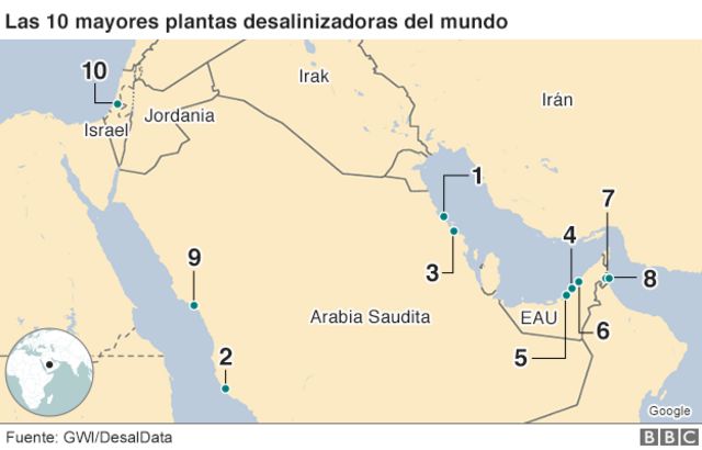 Mapa de las 10 mayores plantas desalinizadoras del mundo