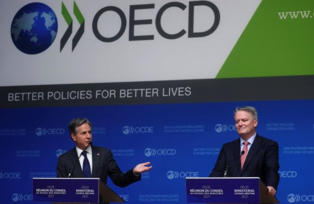 O secretário de Estado americano, Antony Blinken, e o secretário-geral da OCDE, Mathias Cormann