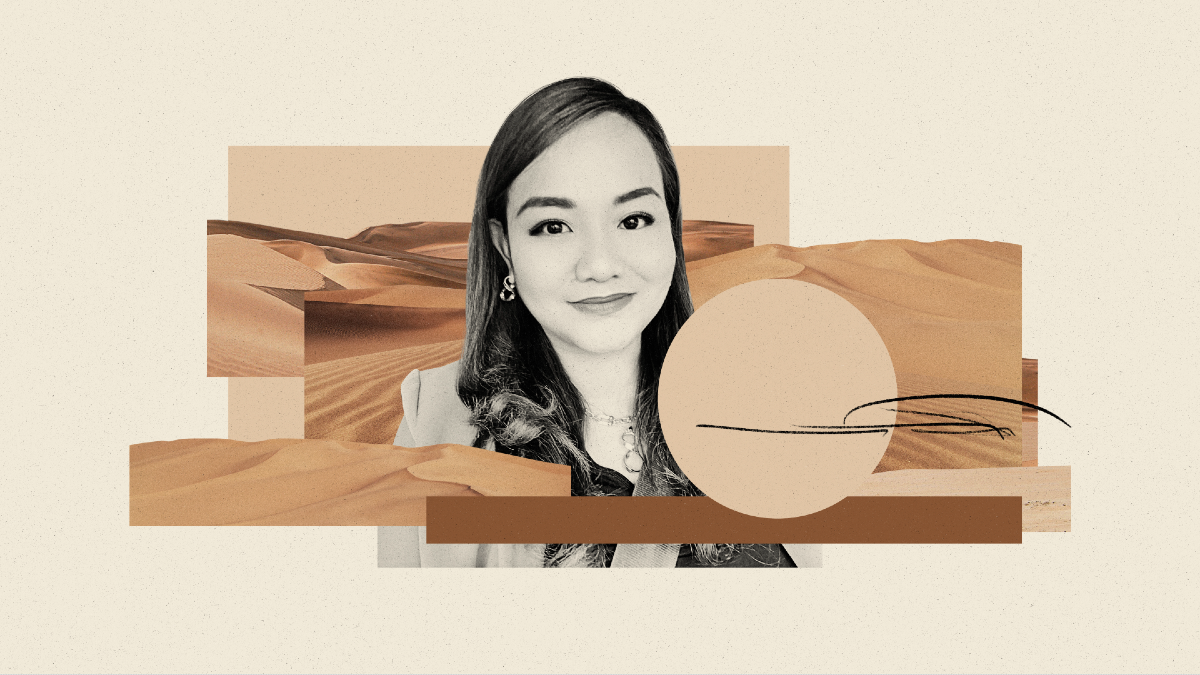Ilustração de Mary Grace Morales em meio a cenas do deserto, por Marta Klawe Rzeczy