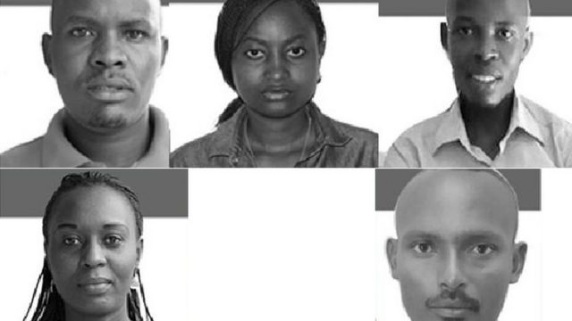 Hejuru uhereye ibumoso; Térence Mpozenzi, Agnès Ndirubusa, Egide Harerimana. Hasi: Christine Kamikazi n'umushoferi wabo Adolphe Masabarakiza barakomeza gufungwa