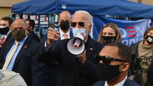 Democratic presidential candidate Joe Biden greets supporters in Philadelphia, Pennsylvania, on November 3, 2020.