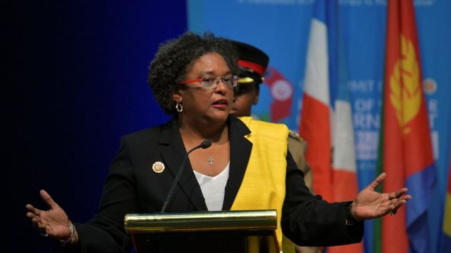 Prime Minister of Barbados Mia Mottley gives an address on December 9, 2019, during an ACP summit in Nairobi