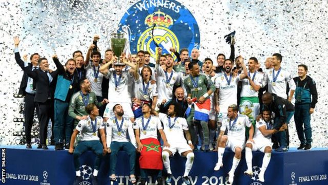 Real Madrid's Gareth Bale celebrates with the UEFA Champions