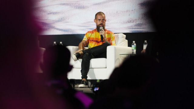 Jack Dorsey speaks on stage at the Bitcoin 2021 Convention