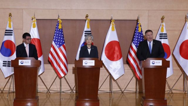 Japan"s Foreign Minister Taro Kono, South Korean Foreign Minister Kang Kyung-wha and US Secretary of State Mike Pompeo