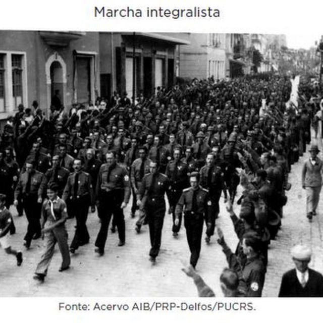 Marcha Integralista: pessoas uniformizadas marchando na rua