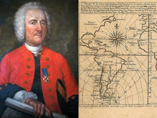 Frézier y la frontispicio de su libro "Un viaje al Mar del Sur y a lo largo de las costas de Chile y Perú, en los años 1712, 1713 y 1714".