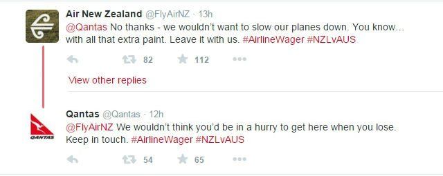 A screenshot of the Twitter exchange between Air New Zealand and Qantas