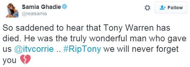 Samia Ghadie: So saddened to hear that Tony Warren has died. He was the truly wonderful man who us @itvcorrie #RipTony we will never forget you