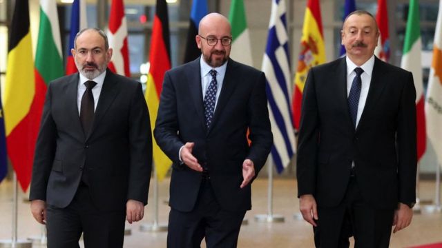Armenian Prime Minister Nikol Pashinyan, President of the European Council Charles Michel, and Azerbaijan's President Ilham Aliyev, arrive for an official picture before their meeting at the European Council in Brussels on April 6, 2022