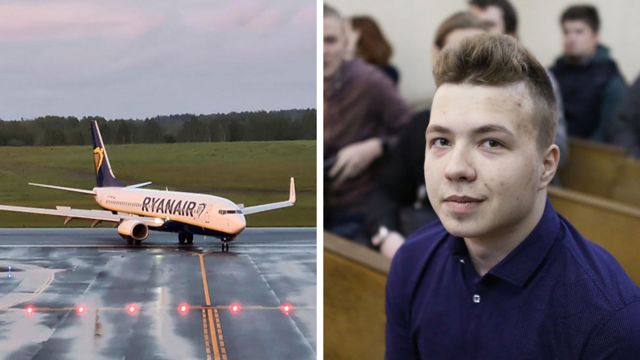 Ryanair plane landing in Vilnius, and activist Roman Protasevich in 2017