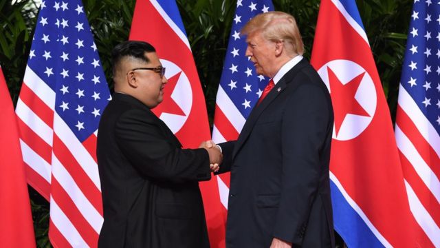 Mr Trump and Mr Kim shake hands