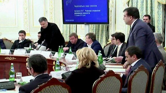(Men standing) Arsen Avakov (l) and Mikheil Saakashvili (r)