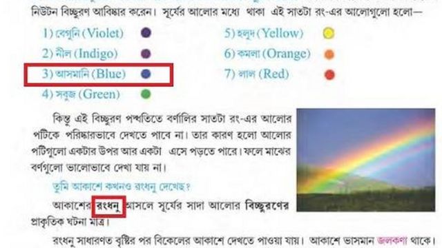 ৬ষ্ঠ শ্রেণীর পাঠ্যপুস্তকে রামধনুর পরিবর্তে রংধনু শব্দটি ব্যবহার করা হয়েছে