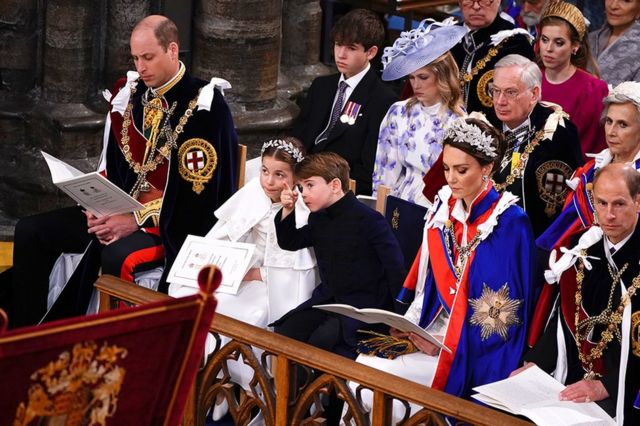 The Prince of Wales, Princess Charlotte, Prince Louis, the Princess of Wales and the Duke of Edinburgh at the coronation ceremony