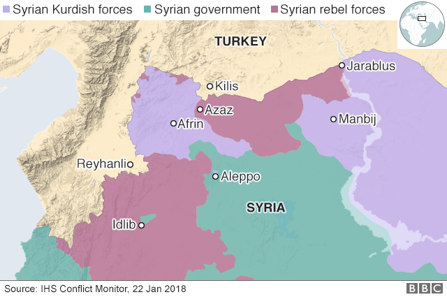 Map showing control of north-western Syria around Afrin (22 January 2018)