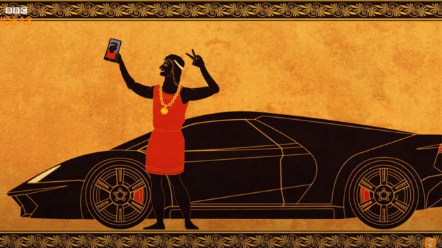 ilustração de um grego antigo tirando uma selfie com um carro esporte