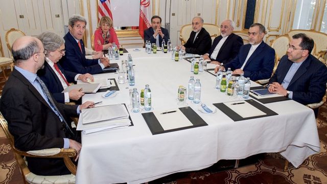 The US and Iranian delegations in 2015, following the conclusion of the nuclear agreement