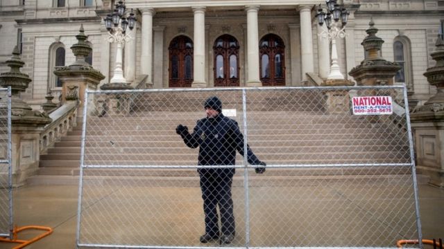 Fence being erected around the state capitol in Lansing, Michigan