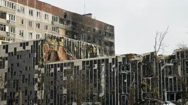 Damage to buildings in Vuhledar, eastern Ukraine