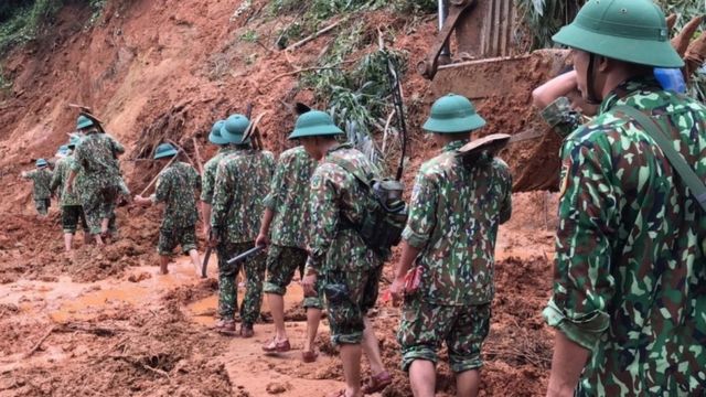 Rescue workers search for missing soldiers in Quang Tri Province, Vietnam, on 18 October 2020