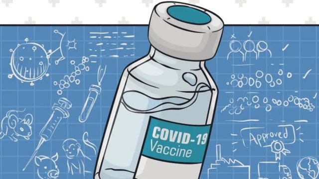 Ilustración de un frasco que contiene la vacuna de covid-19.
