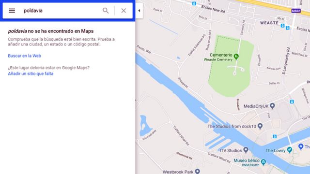 Mapa de Google indicando que no encuentra Poldavia.