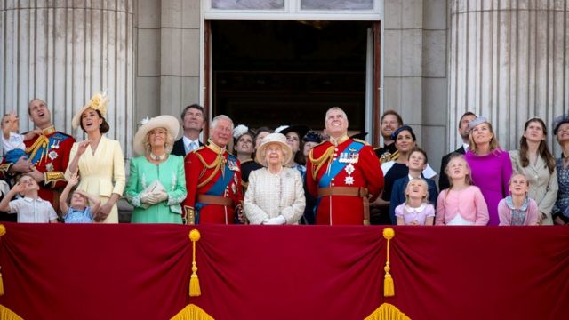 The Royal Family on the balcony at Buckingham Palace looking up at a flypast