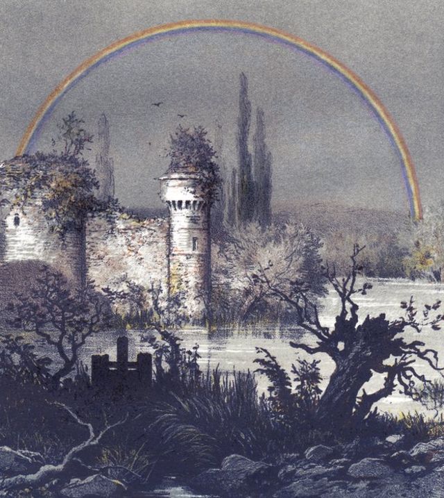 Un arcoíris lunar sobre un castillo en Compiègne, Francia, pintado por Camille Flammarion y publicado en "La Atmósfera" en 1873.