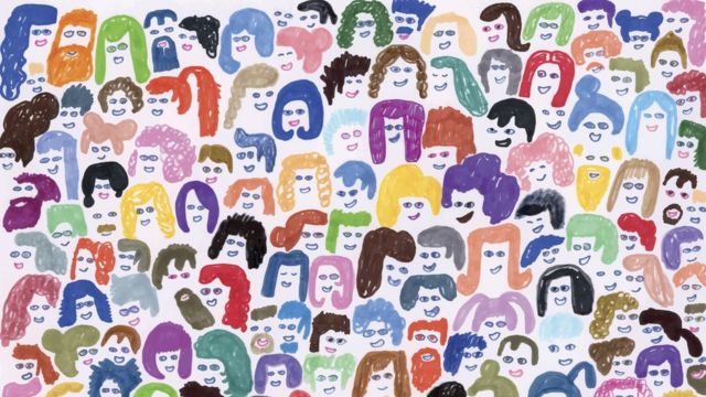 Dezenas de cabeças de pessoas, em diferentes formatos e cores, desenhadas com traços infantis