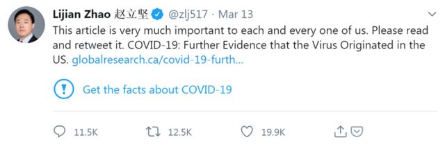 A tweet from Lijian Zhao shows the warning symbol prominently displays beneath it in this screenshot