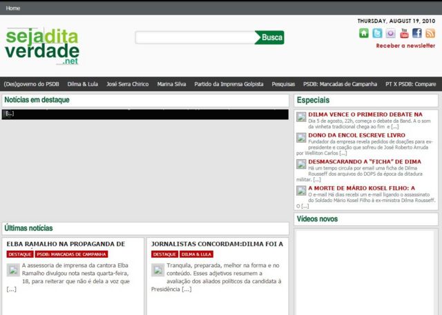 Captura de tela de blog criado para favorecer Dilma em 2010