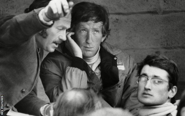 Rindt, pictured in 1970 with Team Lotus boss Chapman and team-mate John Miles