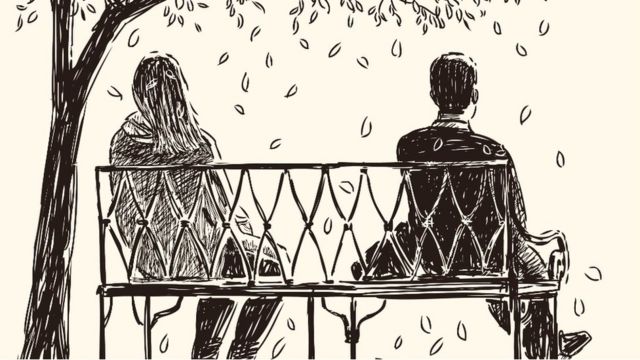 Dibujo de un hombre y una mujer sentados en un banco