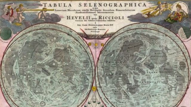 Reproduction of an old lunar cartography: 1707, Homann and Doppelmayr Map of the Moon, based on Riccioli's