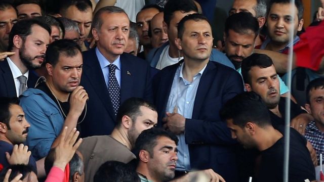 President Erdogan was cheered by supporters as he arrived at Ataturk airport