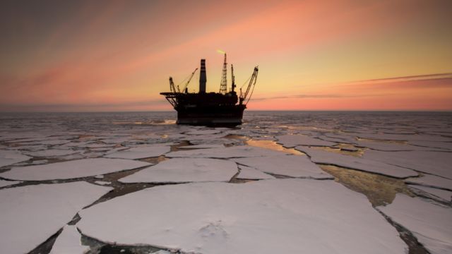 The Prirazlomnaya offshore ice-resistant oil-producing platform is seen at Pechora Sea, Russia on 8 May 2016.