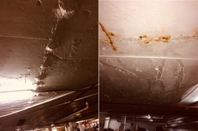 Images from the report show cracks in the roof of the parking lot.