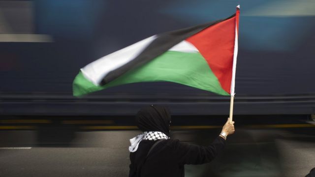 امرأة تحمل علم فلسطين
