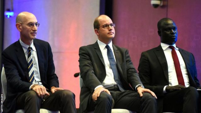 NBA Commissioner Adam Silver (left), FIBA ​​Secretary General Andreas Zagles (centre) and Basketball CAF President Amadou Gallo Fall attended the announcement of the NBA-supported BAL in 2019.