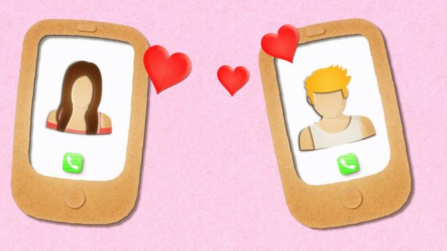 Teléfonos con hombre y mujer y corazones